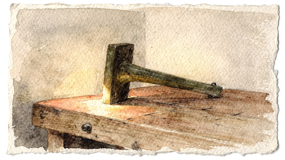 Watercolour illustration of a single cast bronze wall-light arm lying alone on a bare workbench