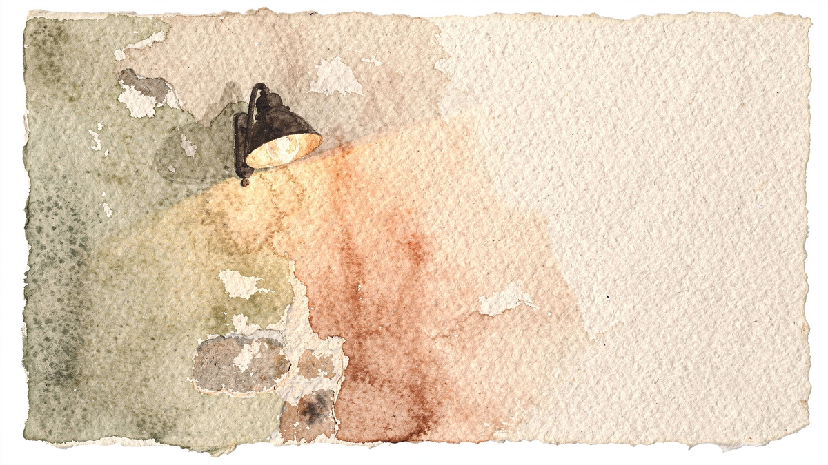 Watercolour illustration of a single wall light on old lime plaster