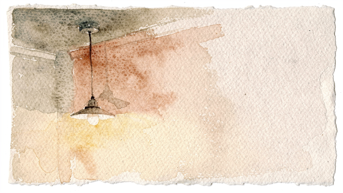 Watercolour illustration of a bare lampholder hanging on its flex from an unfinished ceiling