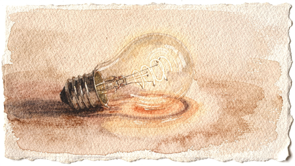 Watercolour illustration of a single bare filament lamp resting on its side