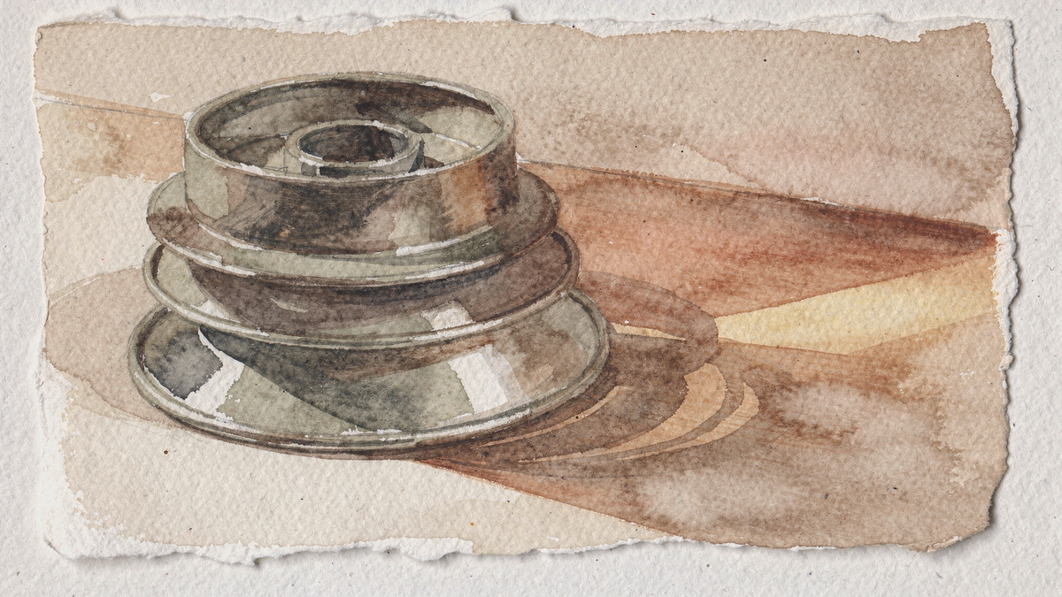 Watercolour illustration of three identical spun metal shades stacked one inside another on a bare surface