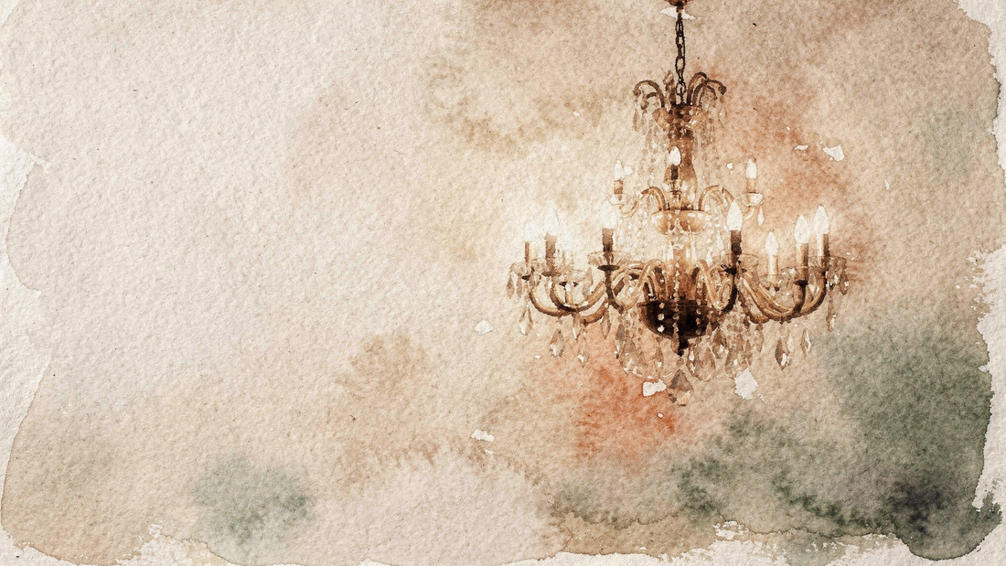 Watercolour illustration of a single large chandelier hung alone