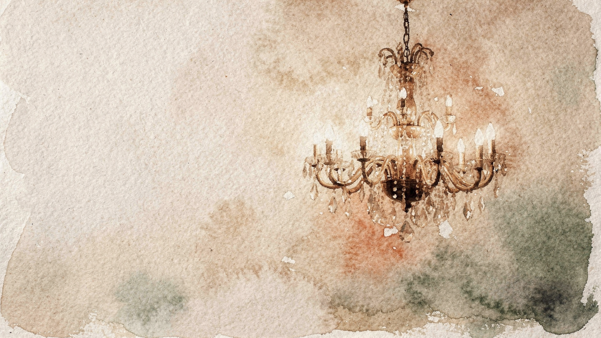 Watercolour illustration of a single large chandelier hung alone