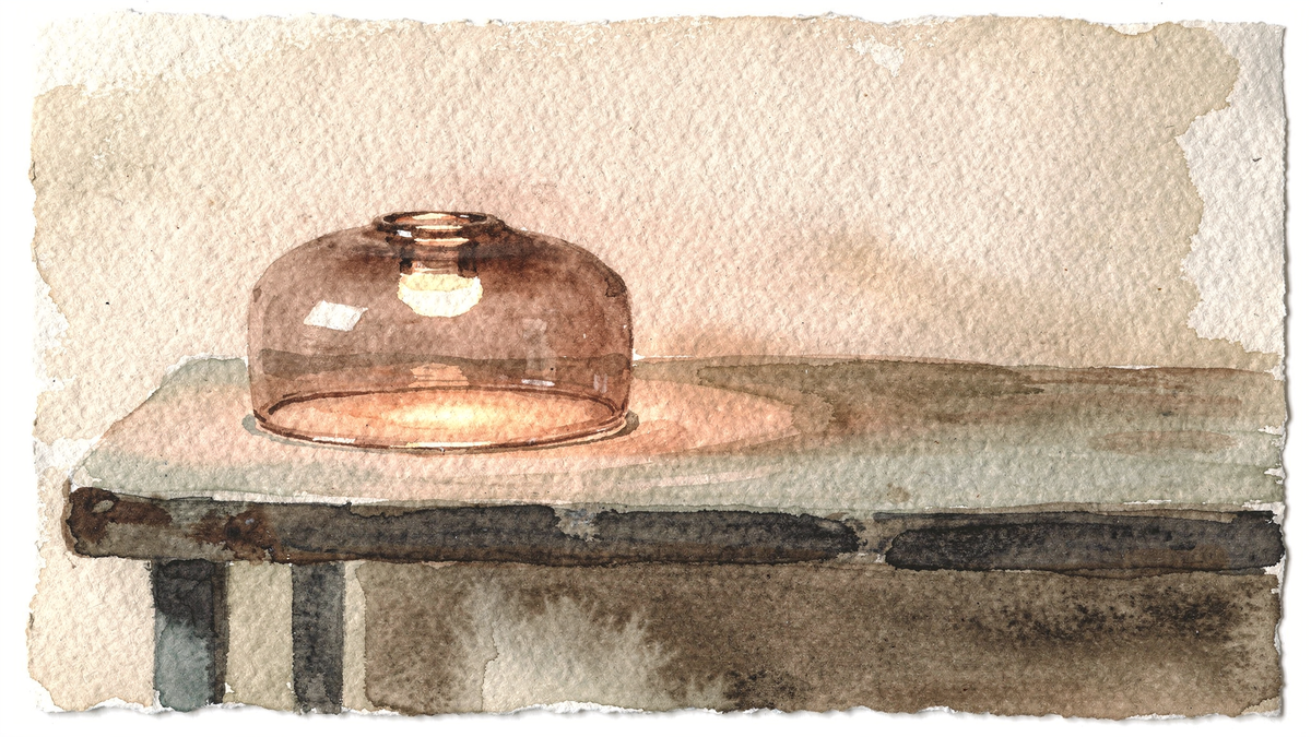 Watercolour illustration of a single freshly blown glass shade resting alone on a workbench