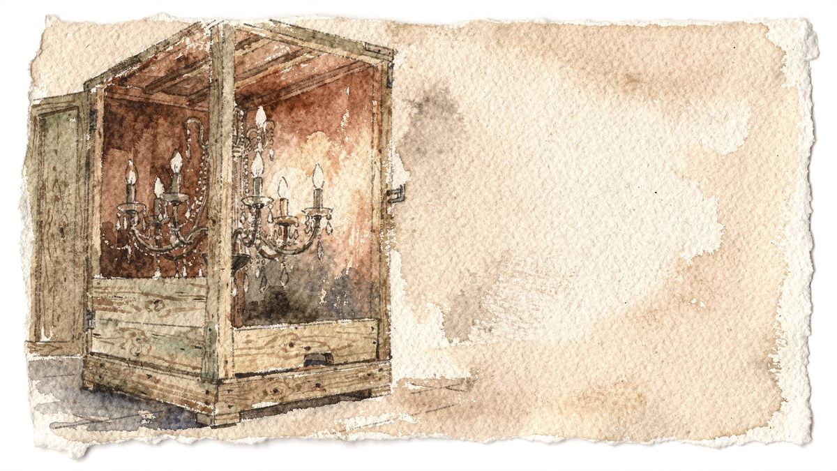 Watercolour illustration of a chandelier resting in an open timber crate